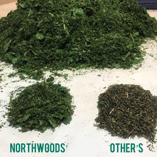 Load image into Gallery viewer, No filter! Comparing Northwoods wild harvested nettle leaves that's been dried to maintain the most amount of nutrient, you can clearly see the difference between ours vs commercial bought.
