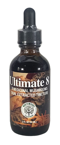 Ultimate 8, eight medicinal mushrooms in one powerful tincture. Chaga, Reishi, Turkey Tail, Artist Conk, Lion's Mane, Cordyceps, Birch Polypore, Red Belted Conk